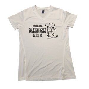 Arcadia Rodeo Life T-Shirt Cowgirl Boots V-Neck Western White Womens Medium‎